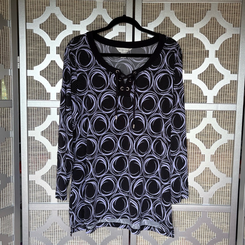Christopher & Banks Black and Purple Tie Front Tunic Blouse